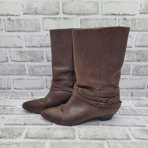 Vintage Frye Sunny Mid Calf Strappy Low Wedge Brown Leather Boots Size 7- READ